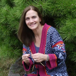 Rosalia, a kimono style jacket melding Fair Isle, Nordic and Asian influences The original Rosalia with 3/4 length sleeves, copyright Mary Ann Stephens 2010