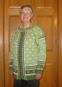 Tiger Lily Jacket in a green colorway, knit and worn by Ruth