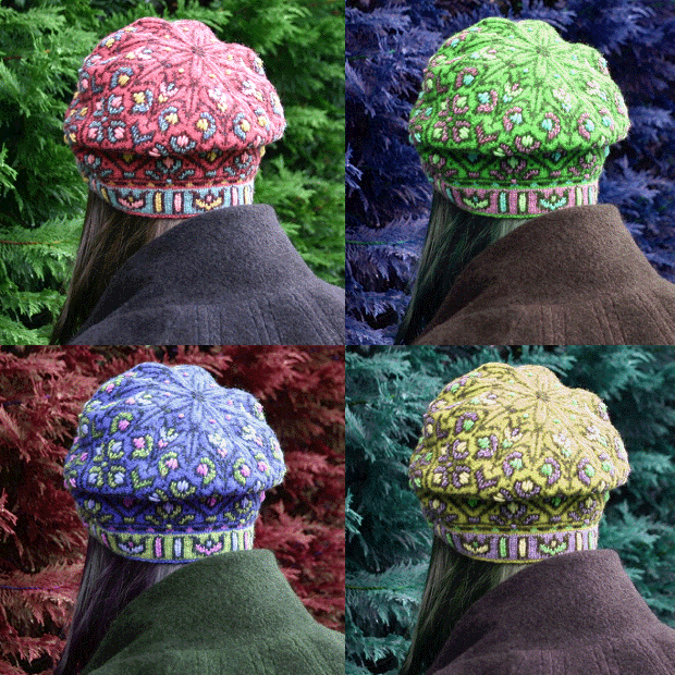 Color alternatives for fair isle embroidered hat Allamanda by Mary Ann Stephens.