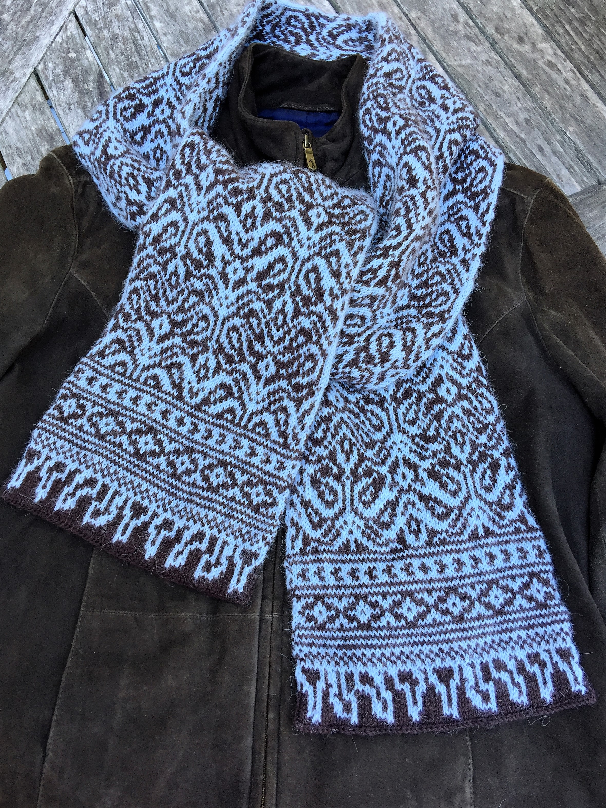 Scarf,knit, knitted, Fair Isle, Norwegian, stranded, wool, alpaca, Flourishing, Dale, floral, fringe