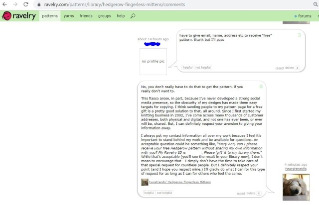Free pattern response in Ravelry comments