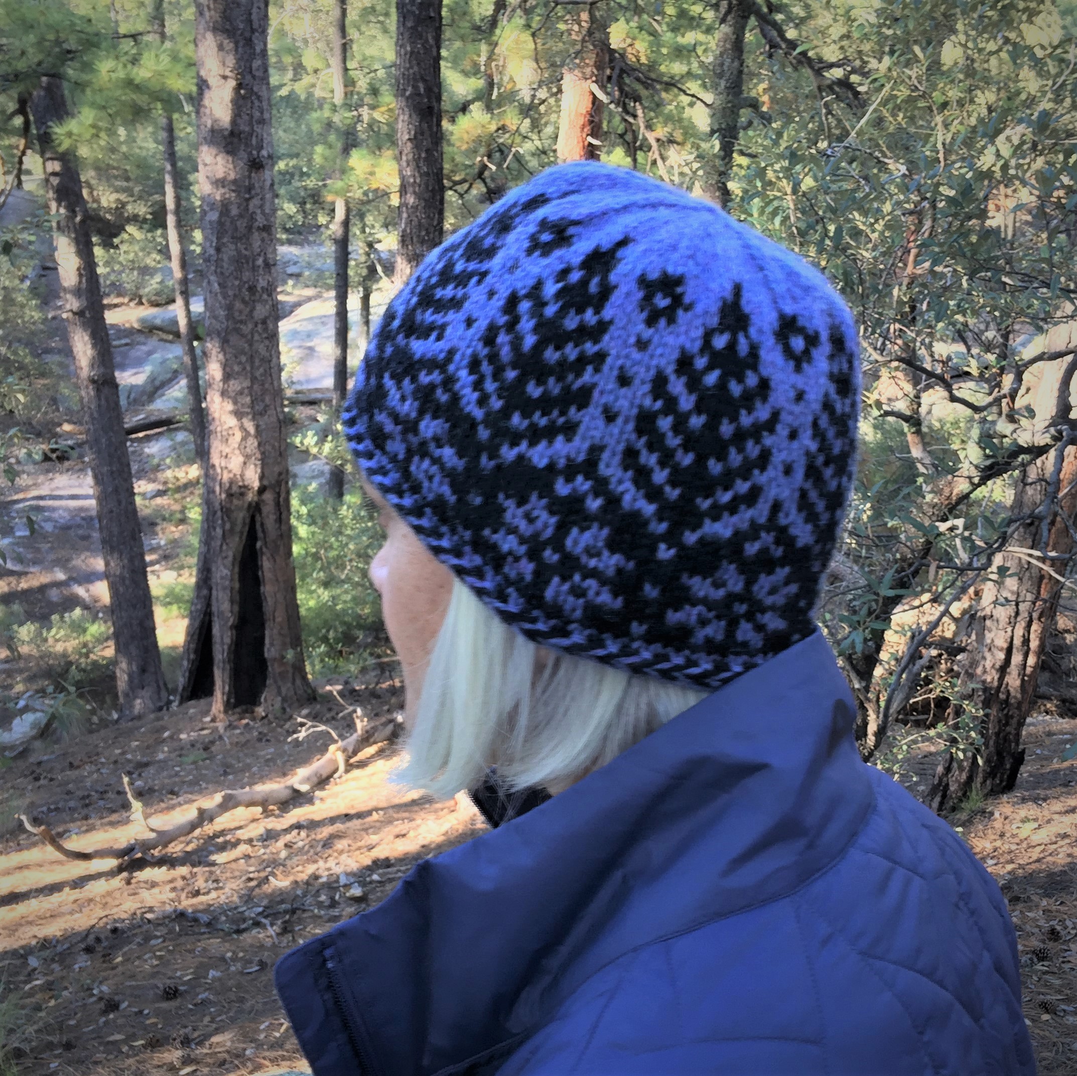 Timbers Hat in Heather Aran blues on Mt. Lemmon