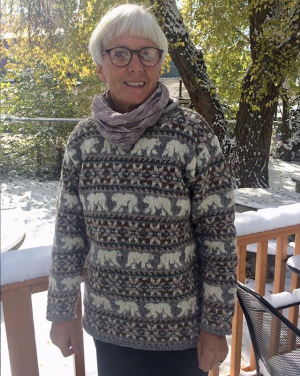 Pullover knit using Polar Chullo motifs and colors.